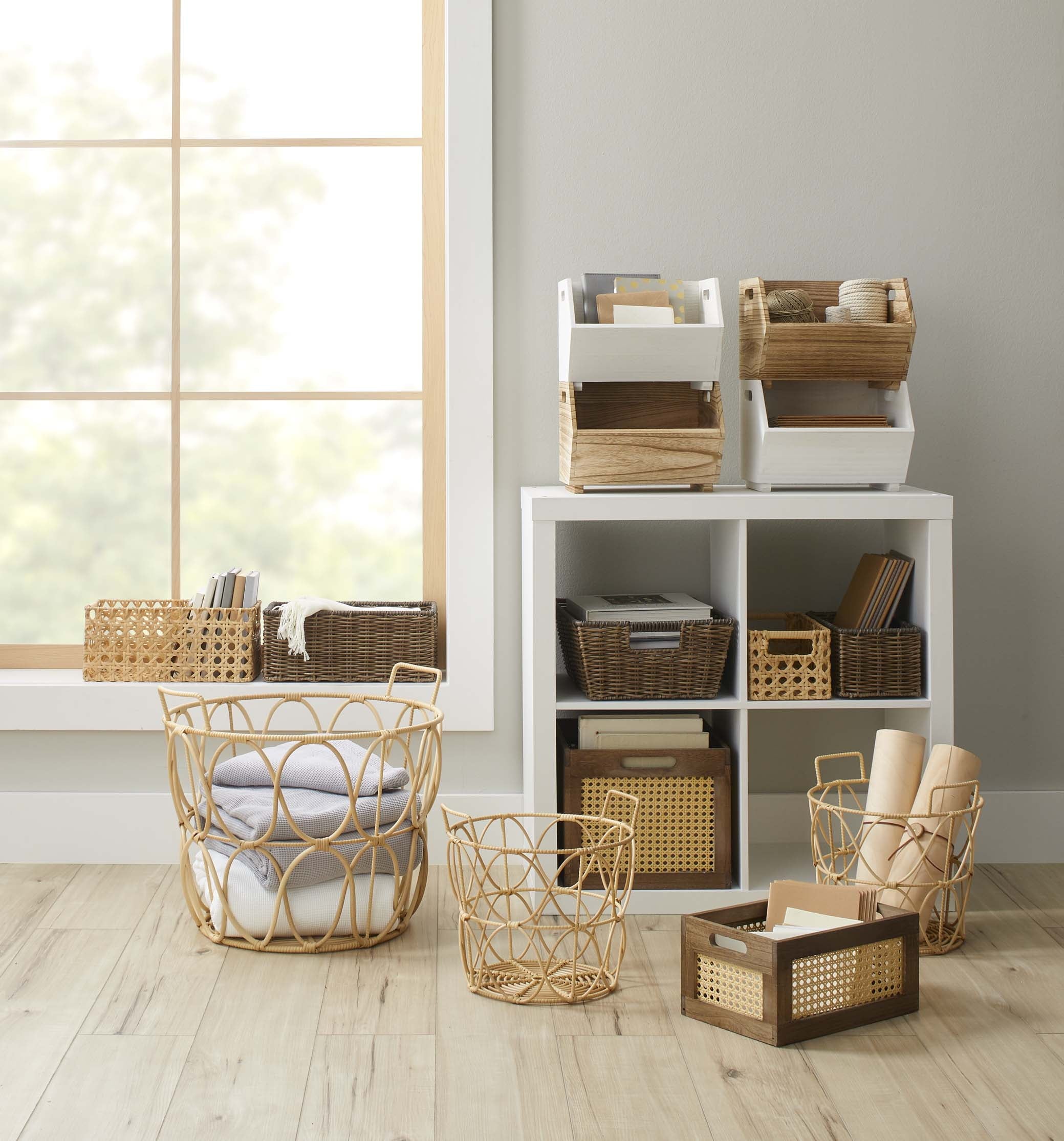 Better Homes & Gardens 2-Piece Set Natural Wood Stacking Open Front Decorative Storage Bins, 11 in x 16.5 in x 10 in