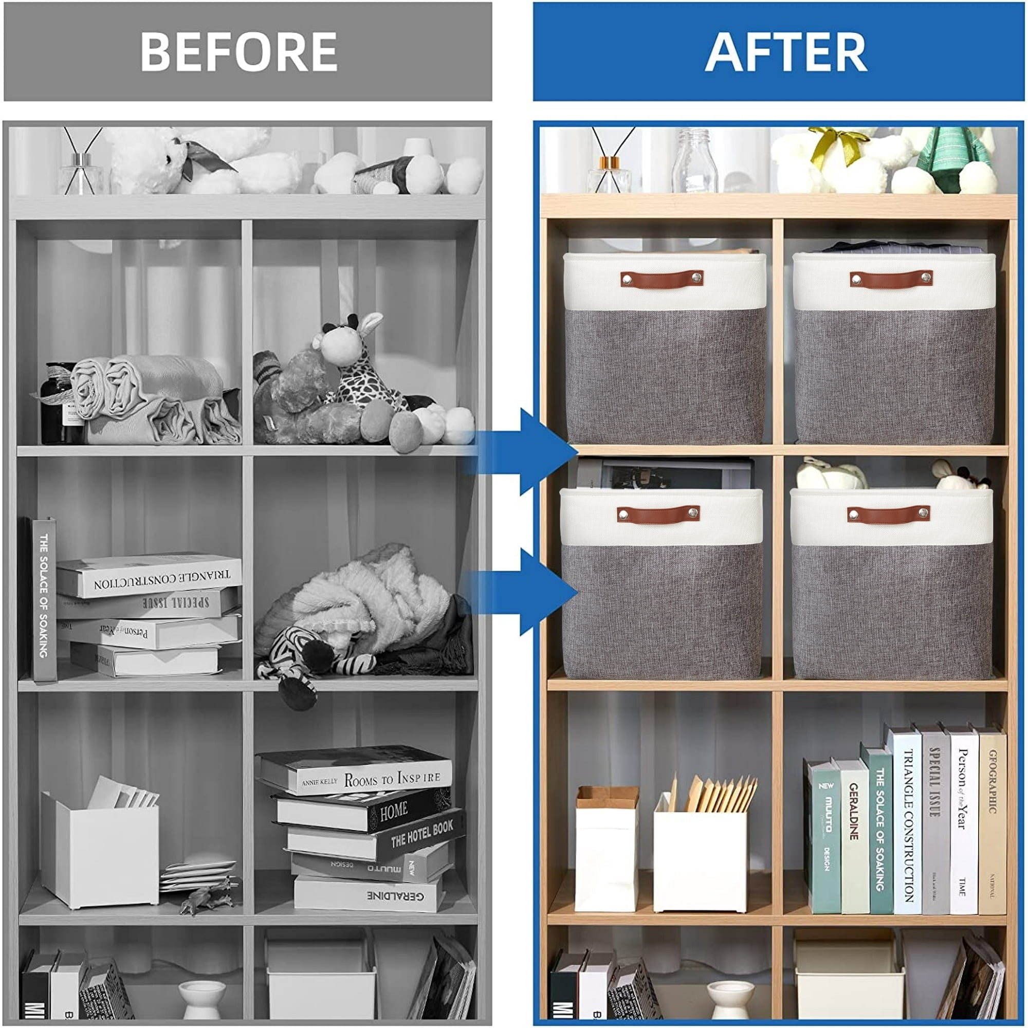 Tegance 13x13 Storage Cubes Baskets 4 Pack Fabric Cube Storage Bins Large Storage Baskets with Leather Handles,Decorative Storage Boxes for Organizing Shelves(White&Gray)