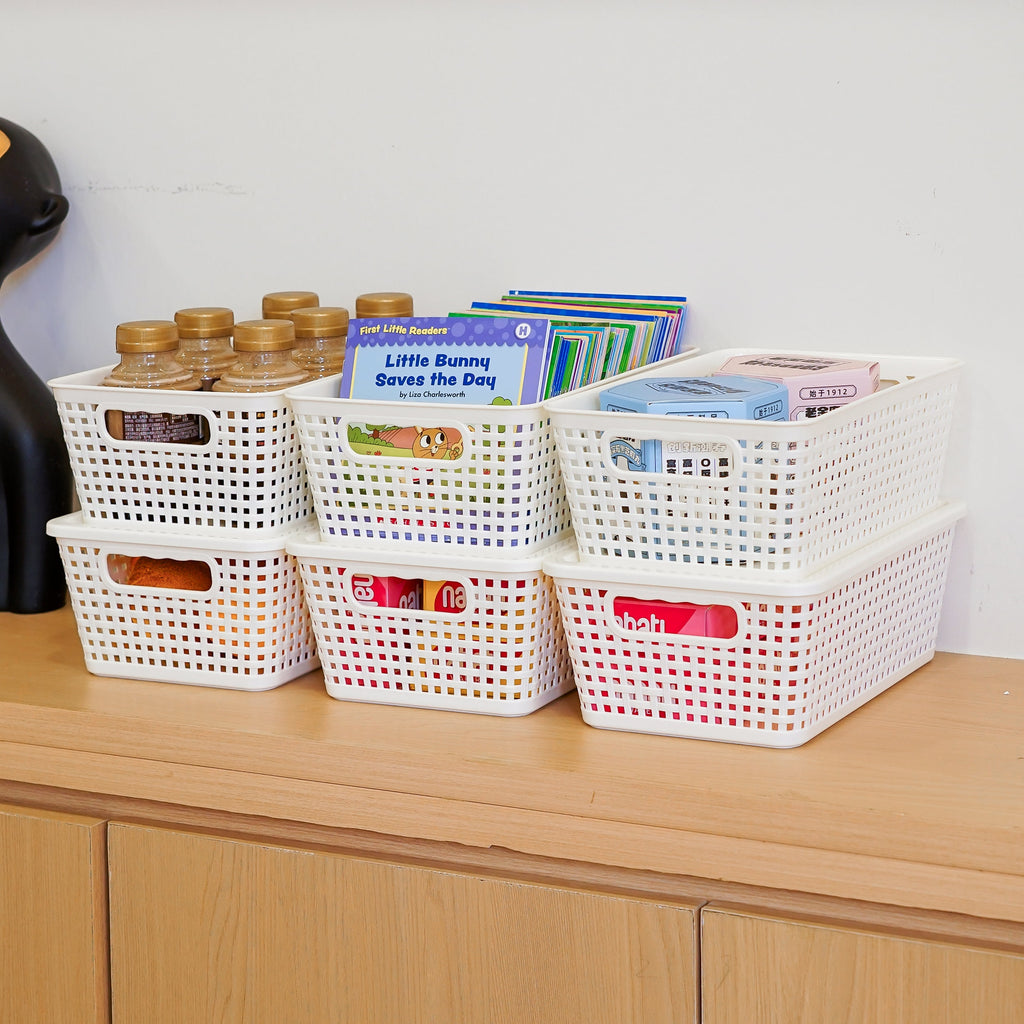 Small Plastic Storage Basket with Lid Handle White 7x10.9x4 in  6 Pack