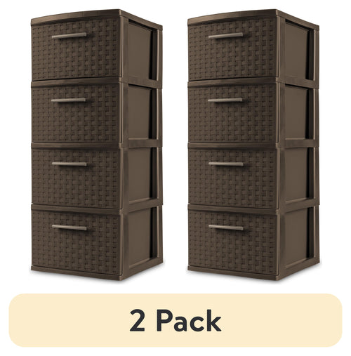 (2 pack) Sterilite 4 Drawer Weave Tower, Plastic Décor Drawers with Pull Handles, Brown