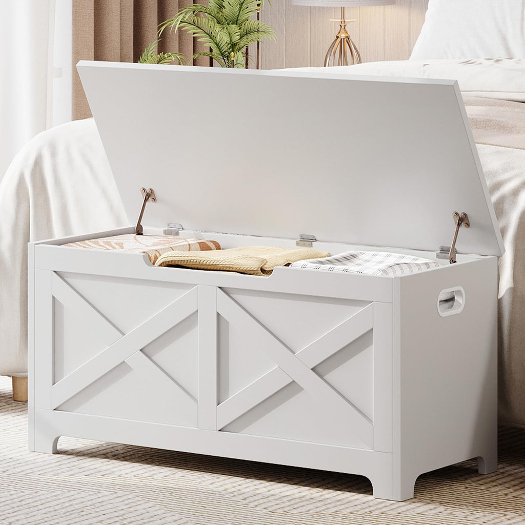 KOKEBREN 39.4"L Storage Chest, Wooden White Toy Storage Bench, Modern Style Lift-Top Toy Chest with Safety Hinge for Entryway, Bedroom, Living Room