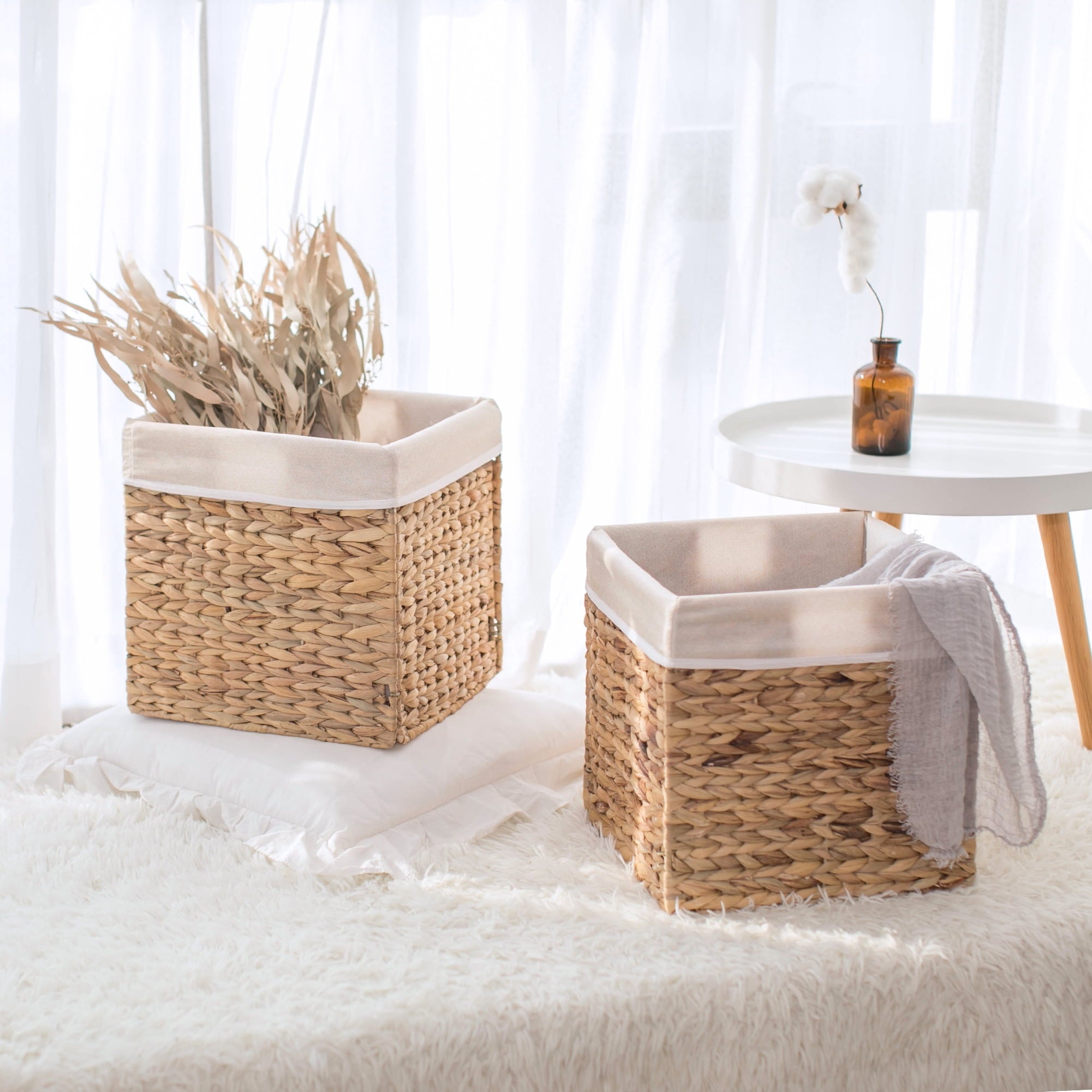 StorageWorks Water Hyacinth Storage Basket With Liner, Natural Wicker Woven Baskets, Handmade, 2-Pack, Large, 11.8"x 11.8 "x 11.8"