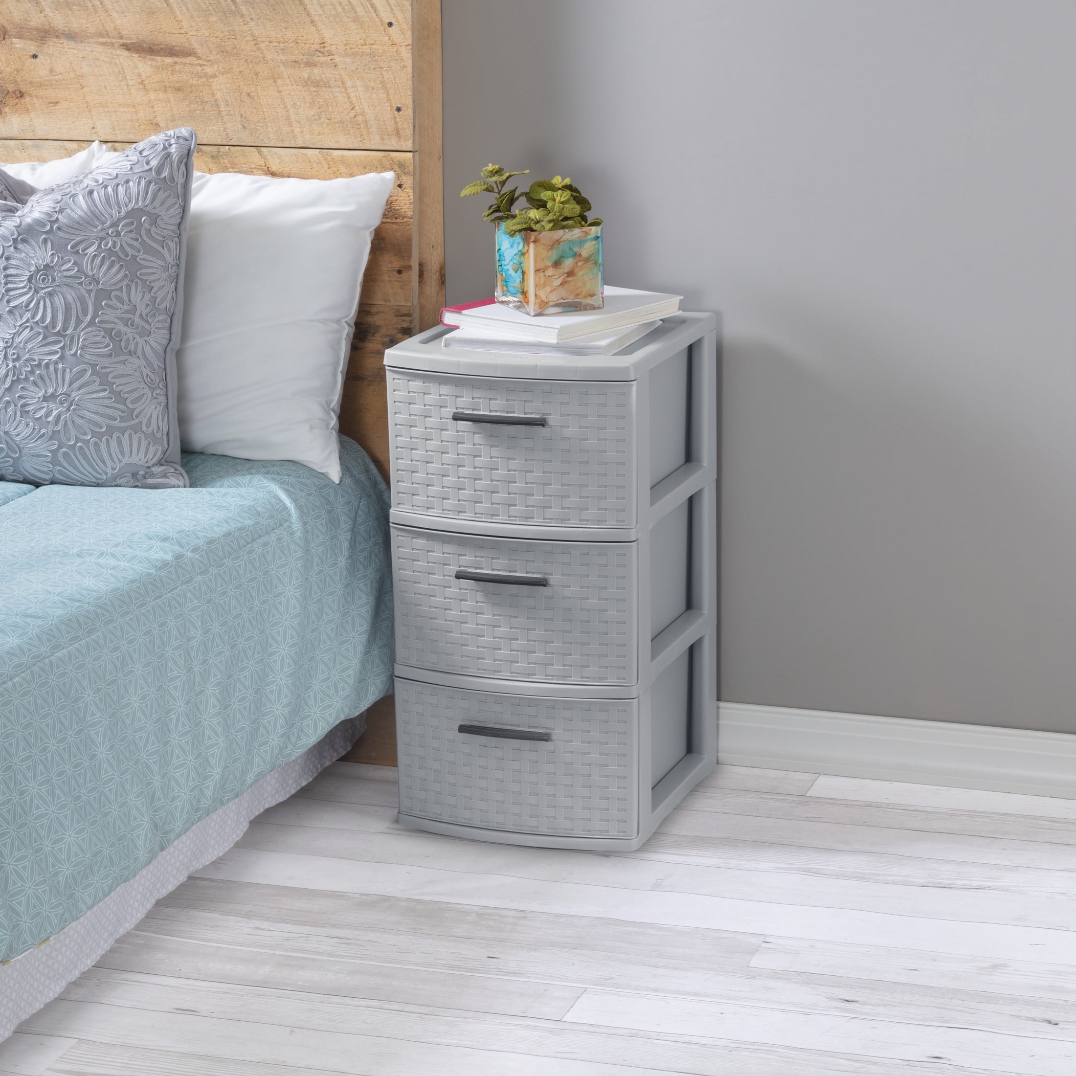 Sterilite 3 Drawer Weave Tower, Plastic Décor Drawers with Pull Handles, Light Gray, 2 Count