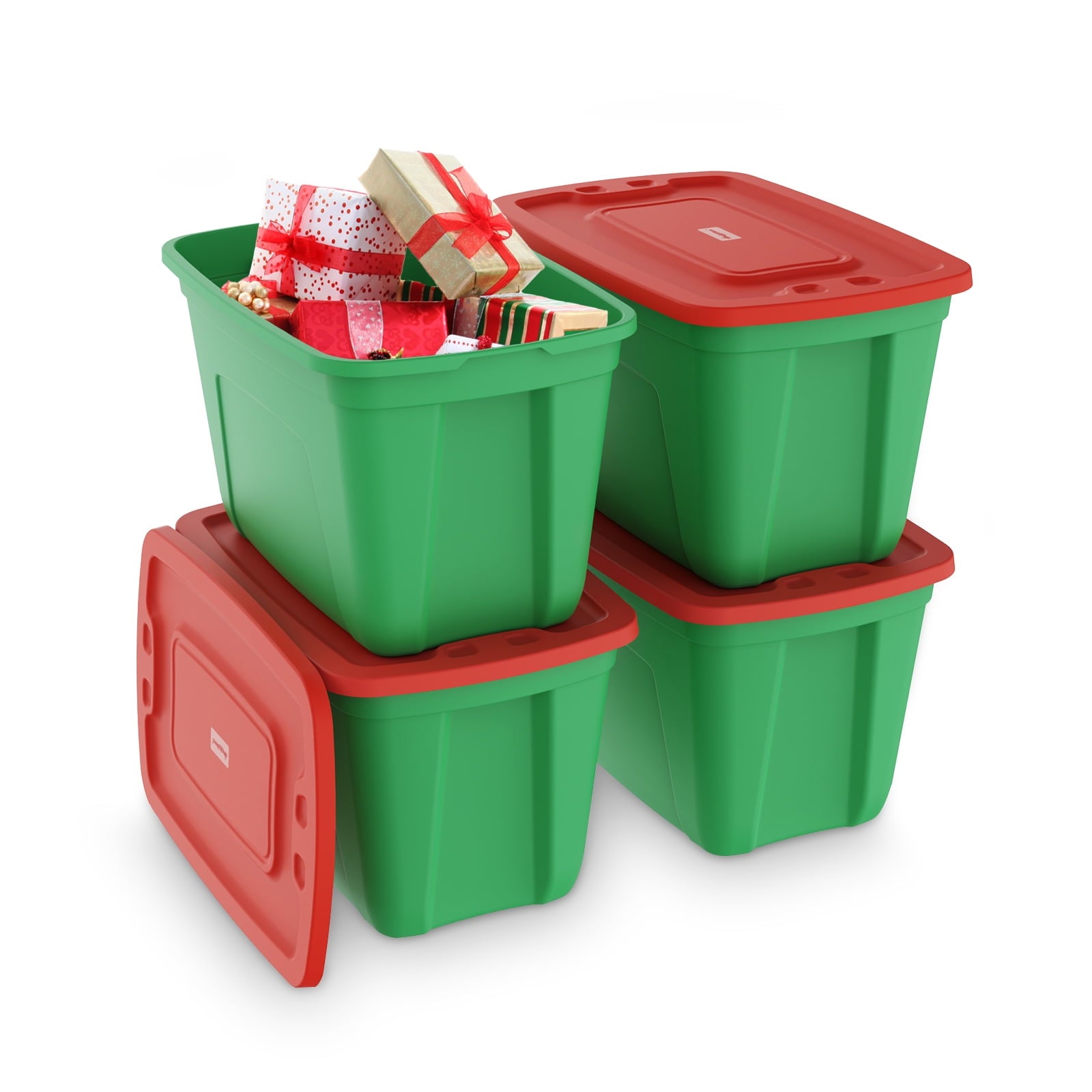 SimplyKleen 4 Pack 18 Gallon Christmas Storage Bins with Lids, Stackable Totes, Plastic Storage Containers, Garage Organization, 18-Gallon (72-Quart) - Green/Red