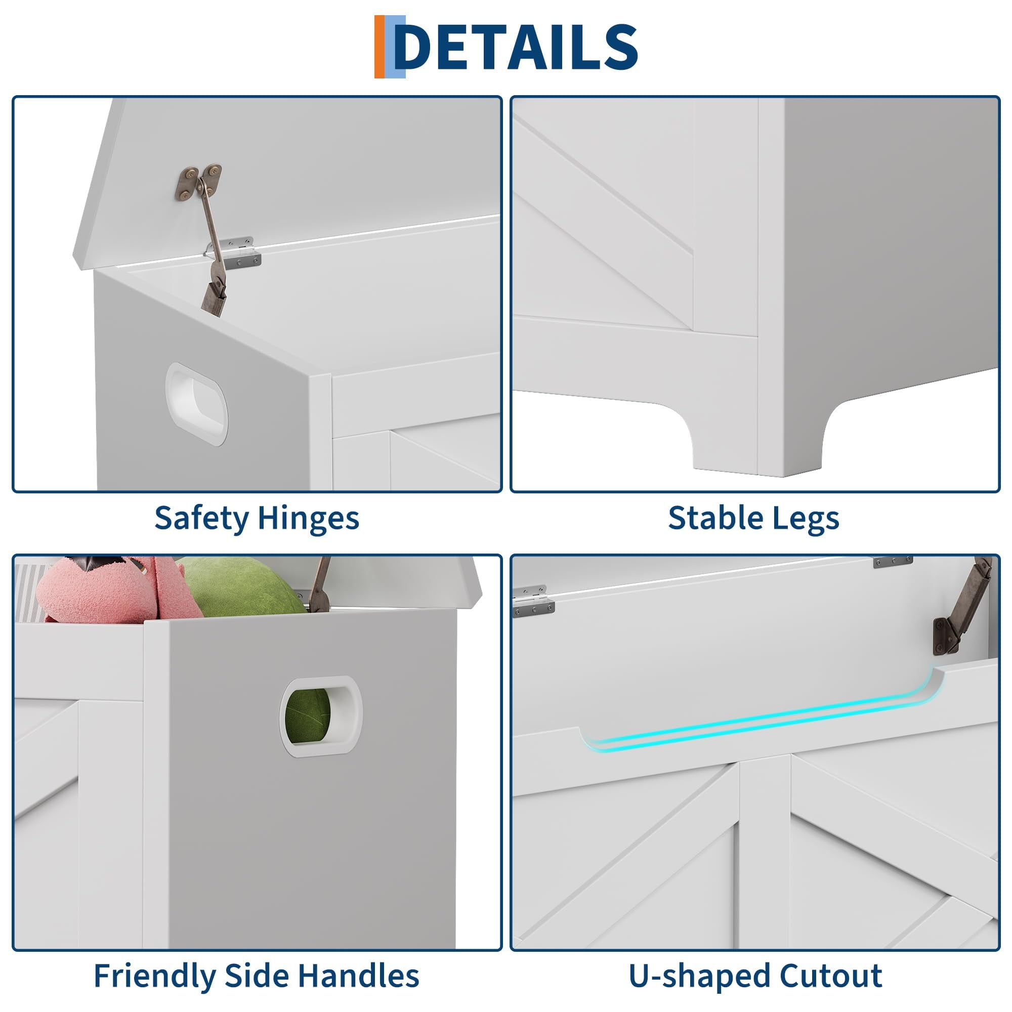 KOKEBREN 39.4"L Storage Chest, Wooden White Toy Storage Bench, Modern Style Lift-Top Toy Chest with Safety Hinge for Entryway, Bedroom, Living Room