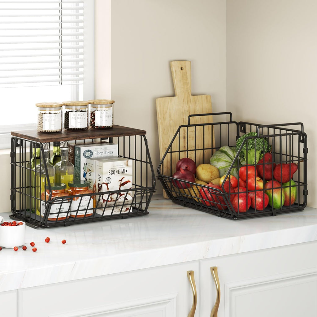 Wetheny 2 Tier Stackable Wall Mounted Wire Basket Fruit Basket with Wood Lid - Kitchen Pantry Organization and Storage, Hanging Storage Basket for fruits, Onion, Potato, Produce, Vegetable (Black)