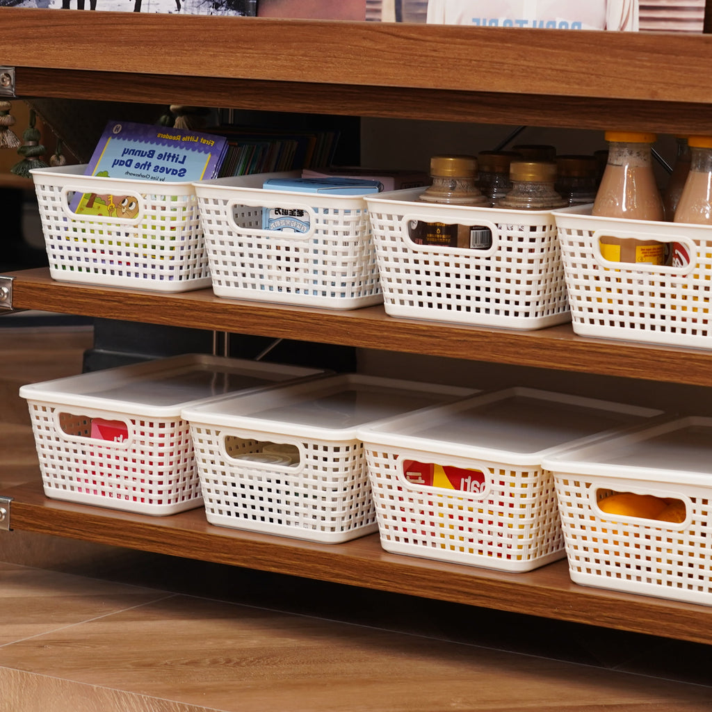 Small Plastic Storage Basket with Lid Handle White 7x10.9x4 in  6 Pack