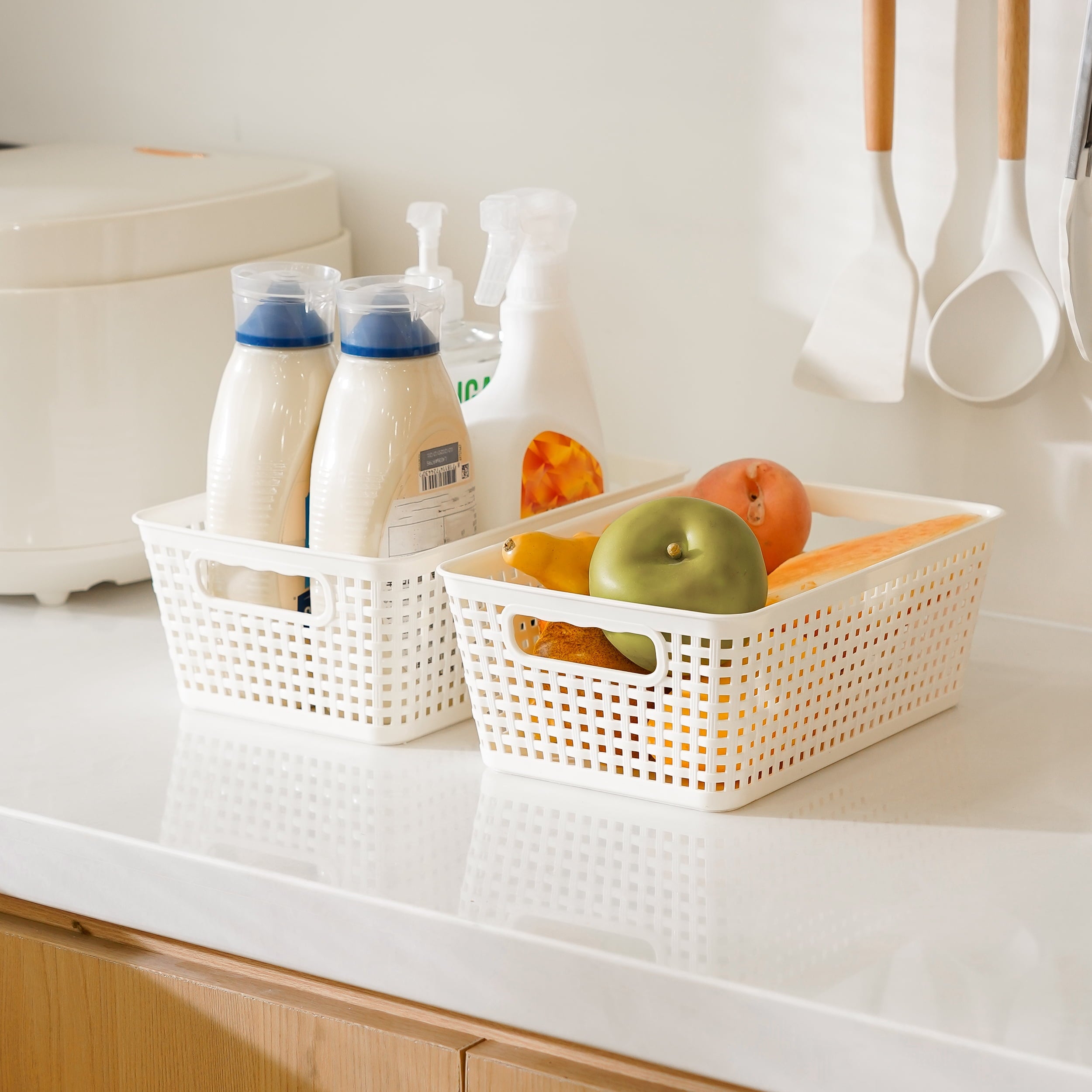 Small Plastic Storage Basket with Lid Handle White 7x10.9x4 in  6 Pack