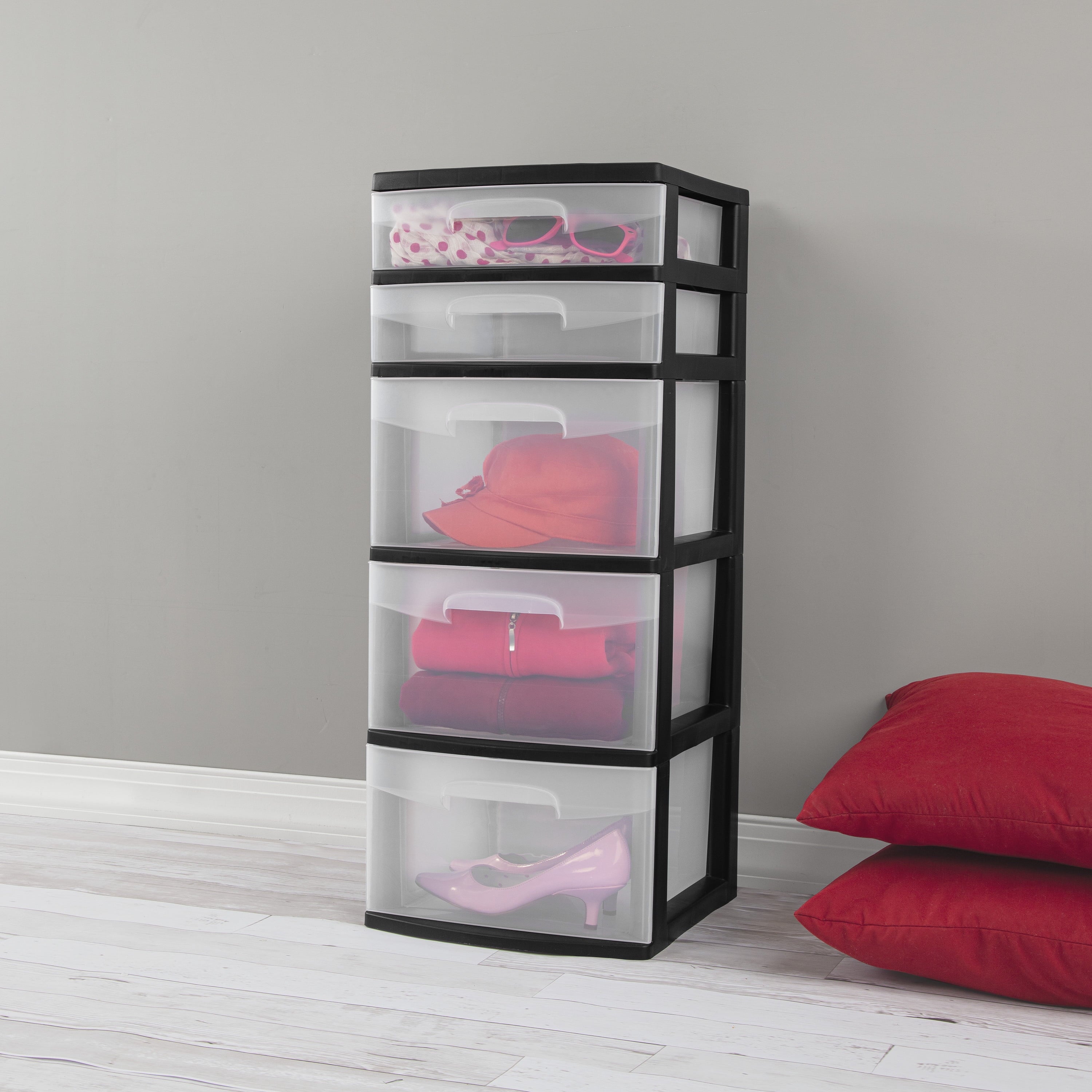 Sterilite 5 Drawer Tower, with both Shallow and Deep Clear Plastic Drawers, Black