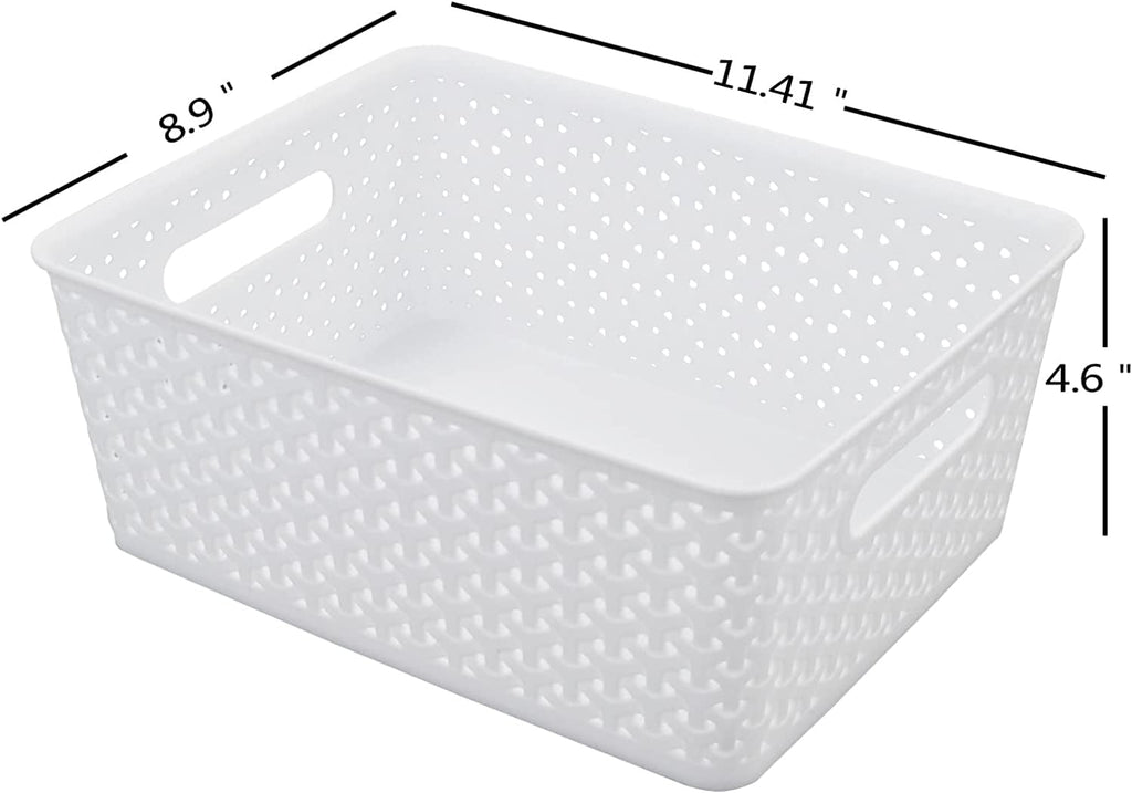 Woven Plastic Basket, Plastic Storage Baskets, White, 11.41" x 8.9" x 4.6", Pack of 4, F