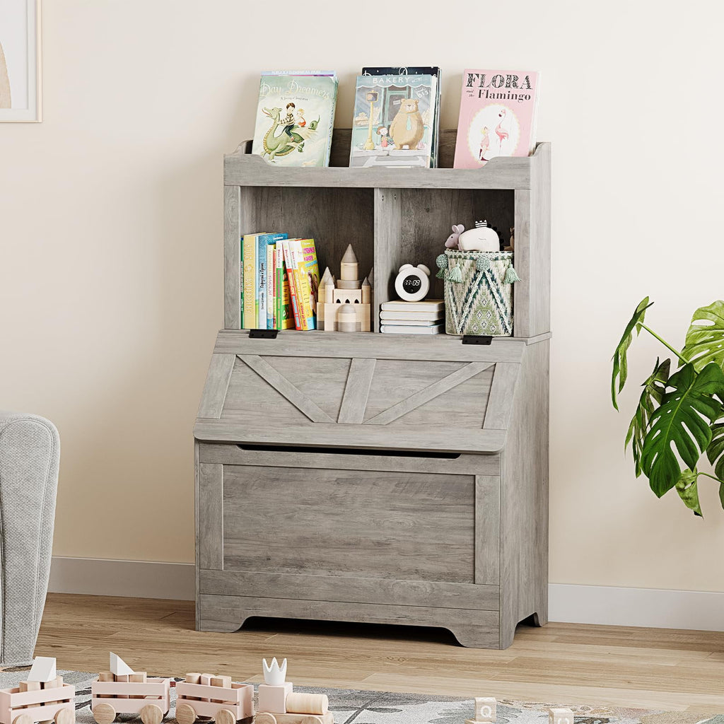 AOILE Kids Toy Organizer and Bookshelf with Flip-Top Chest, Wooden Storage Cabinet with 2-Cubby & Bookshelf