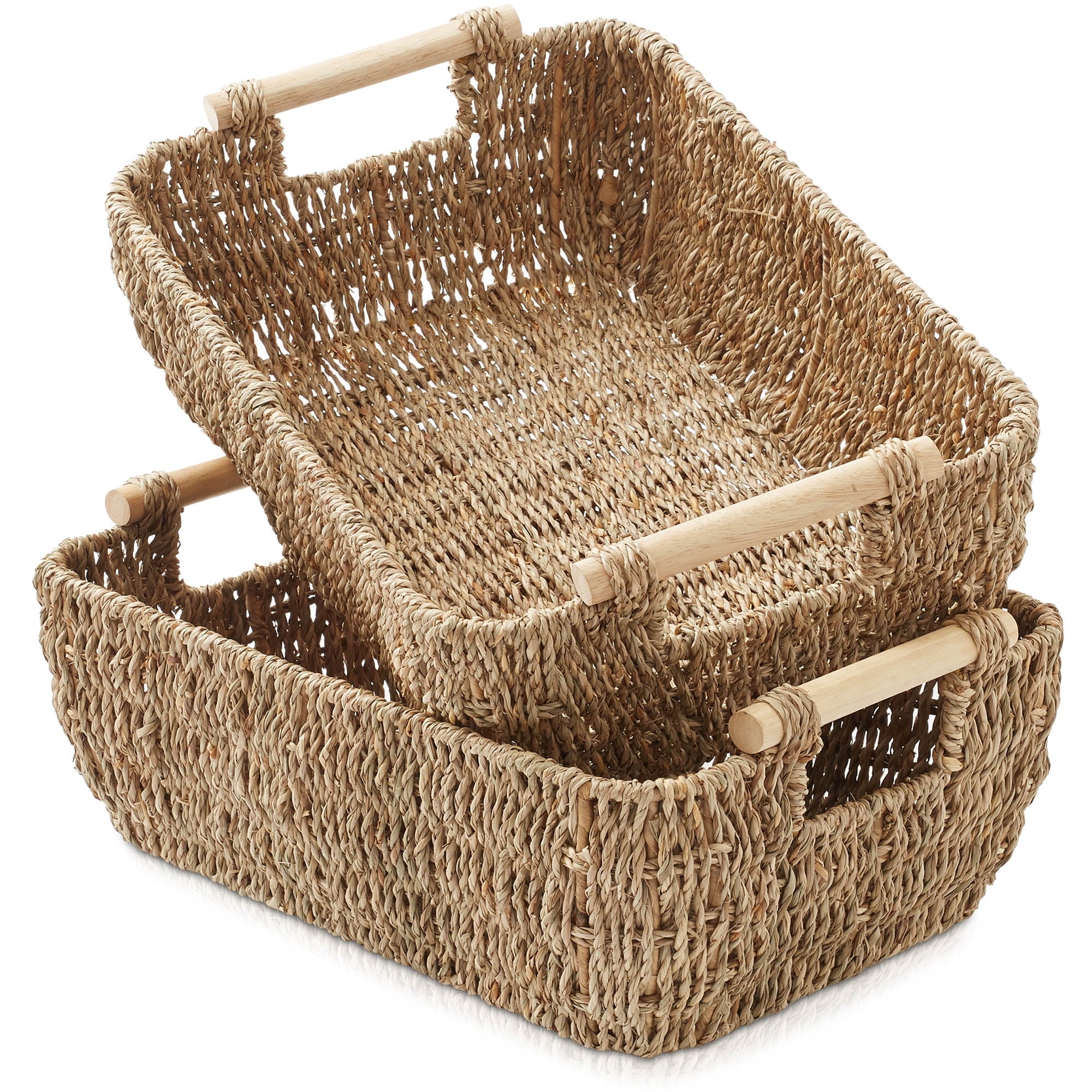 Casafield (Set of 2) Water Hyacinth Oval Storage Baskets with Wooden Handles - Large Woven Bin Organizers