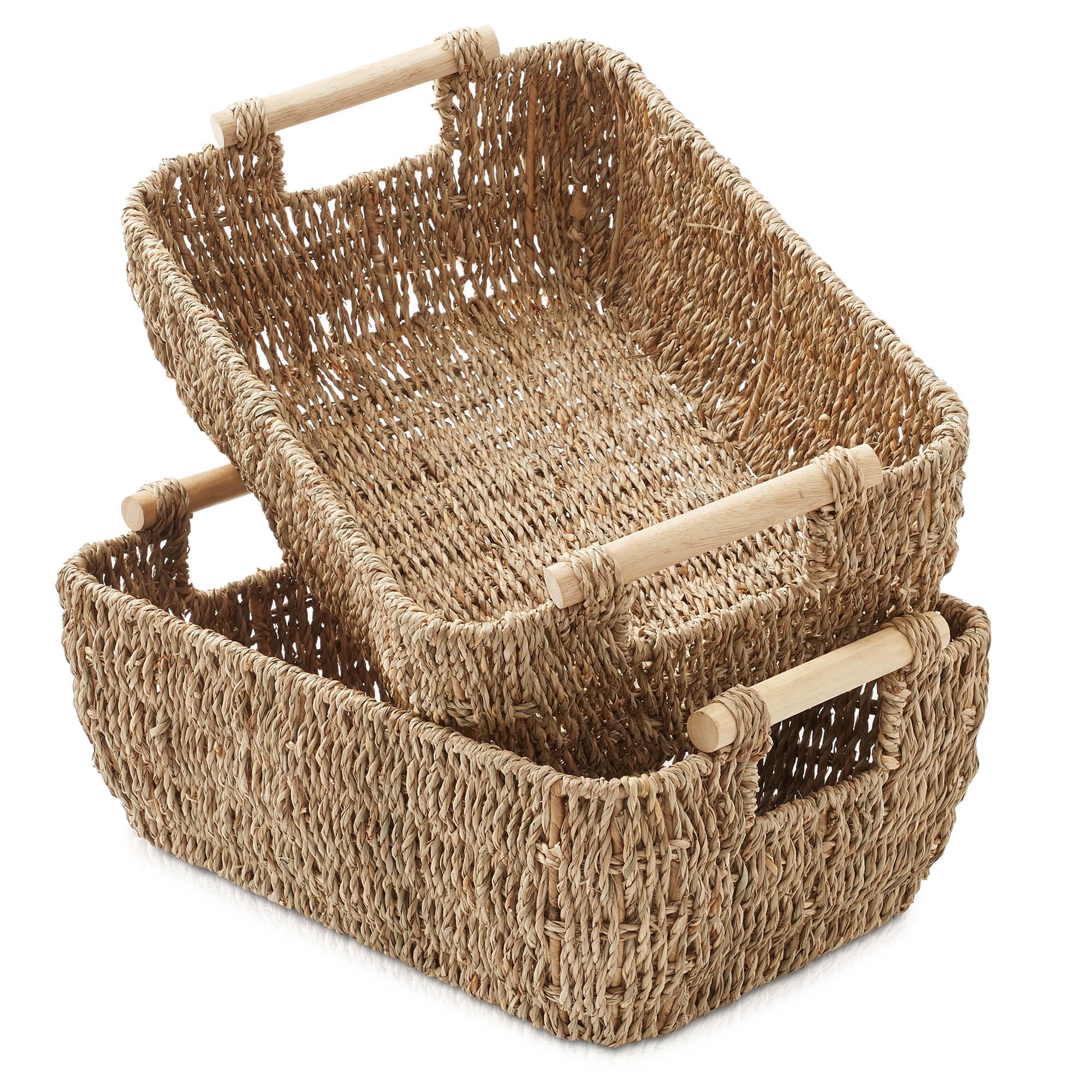 Casafield (Set of 2) Water Hyacinth Oval Storage Baskets with Wooden Handles - Large Woven Bin Organizers