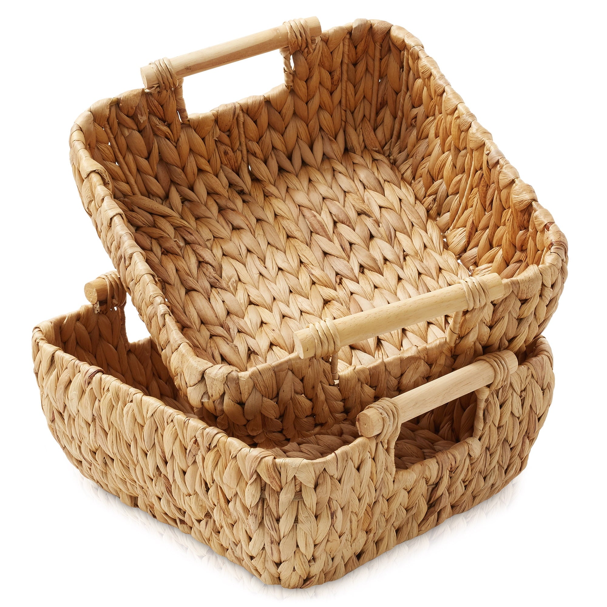 Casafield (Set of 2) Water Hyacinth Oval Storage Baskets with Wooden Handles - Large Woven Bin Organizers