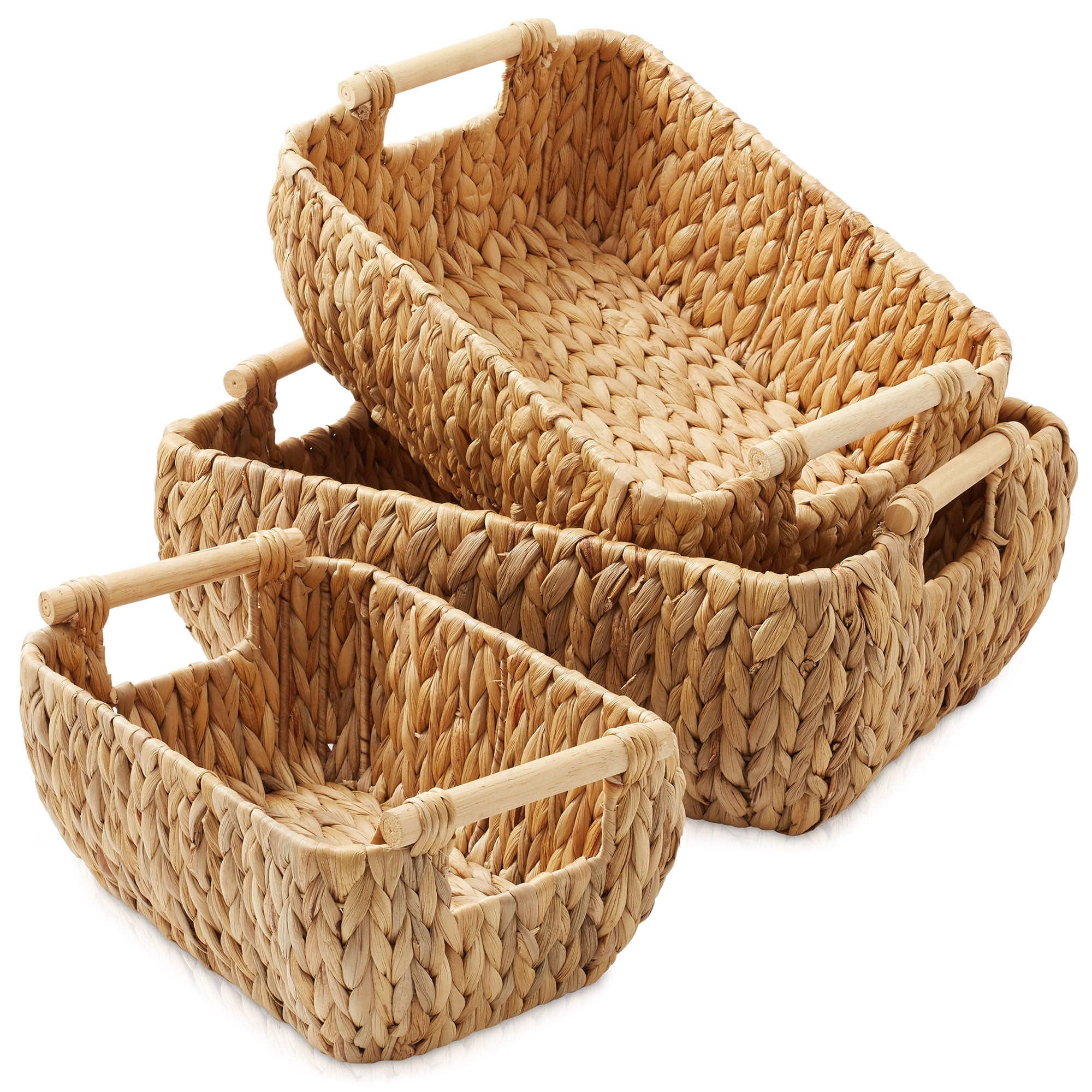 Casafield (Set of 2) Water Hyacinth Oval Storage Baskets with Wooden Handles - Large Woven Bin Organizers