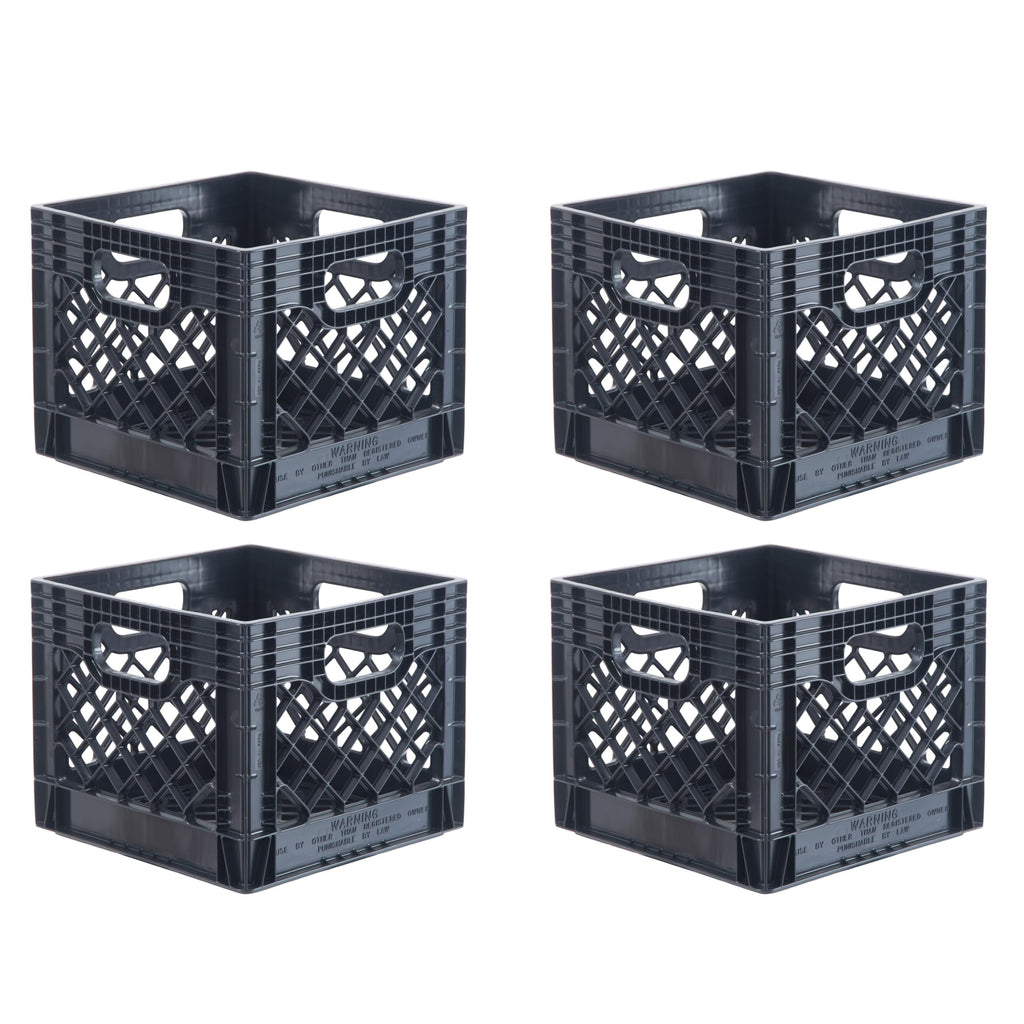 Hudson Exchange 13 x 13 x 11" (16 Quart, 4 Pack) Mesh Commercial Grade Milk Crate Handled Storage Container Tote, Black