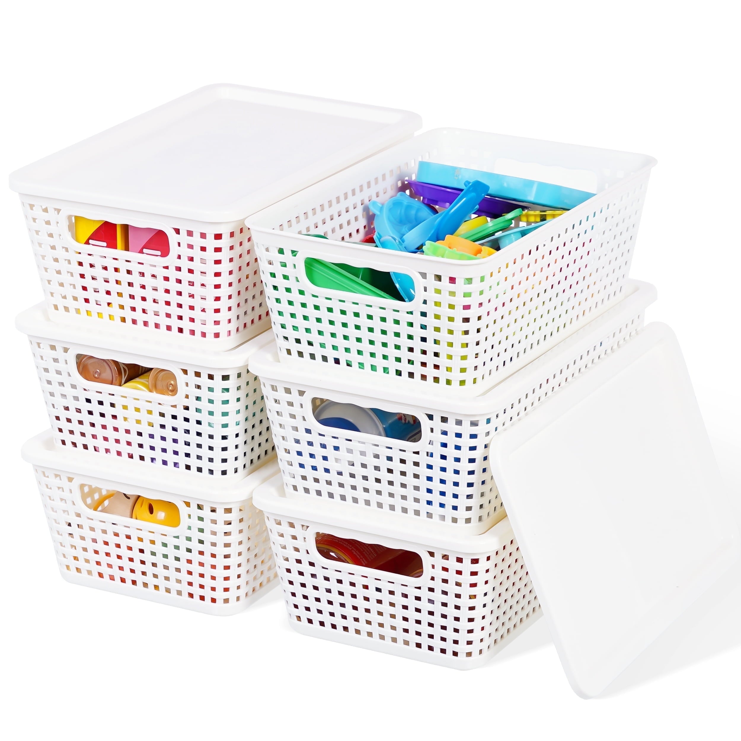 Small Plastic Storage Basket with Lid Handle White 7x10.9x4 in  6 Pack