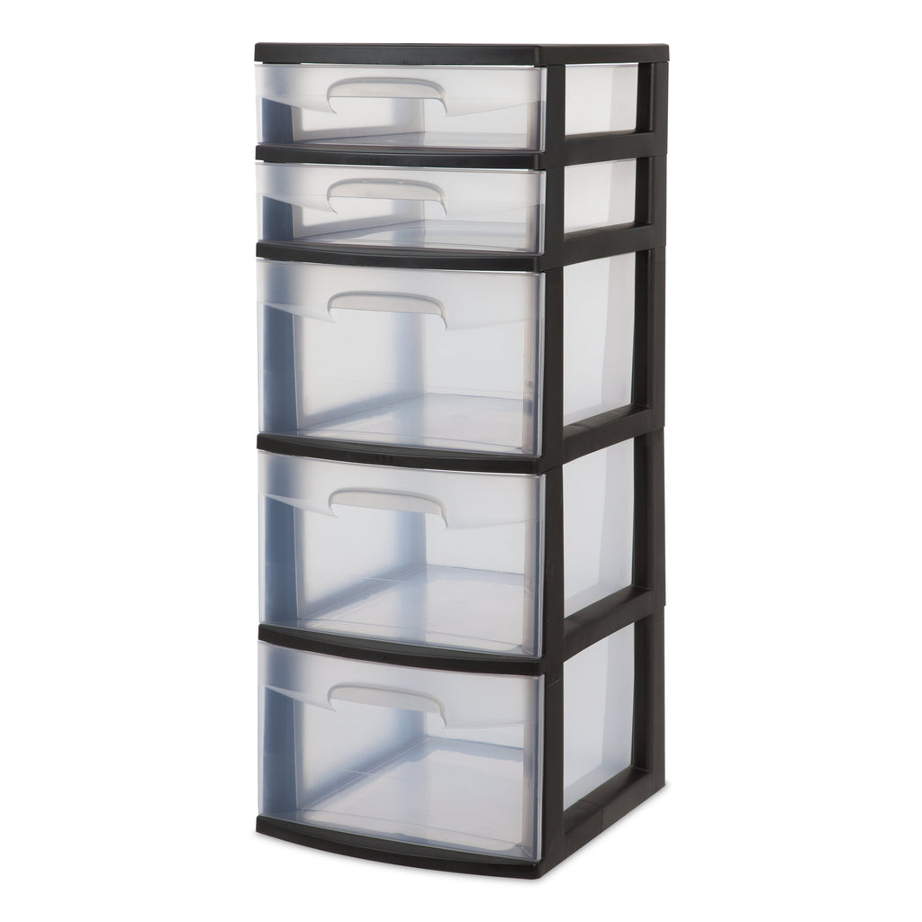 Sterilite 5 Drawer Tower, with both Shallow and Deep Clear Plastic Drawers, Black