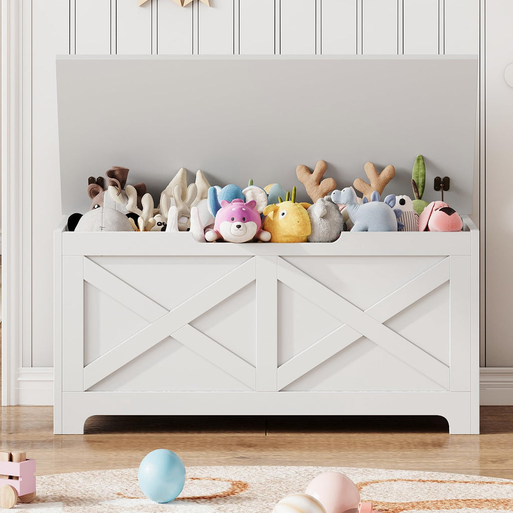 KOKEBREN 39.4"L Storage Chest, Wooden White Toy Storage Bench, Modern Style Lift-Top Toy Chest with Safety Hinge for Entryway, Bedroom, Living Room