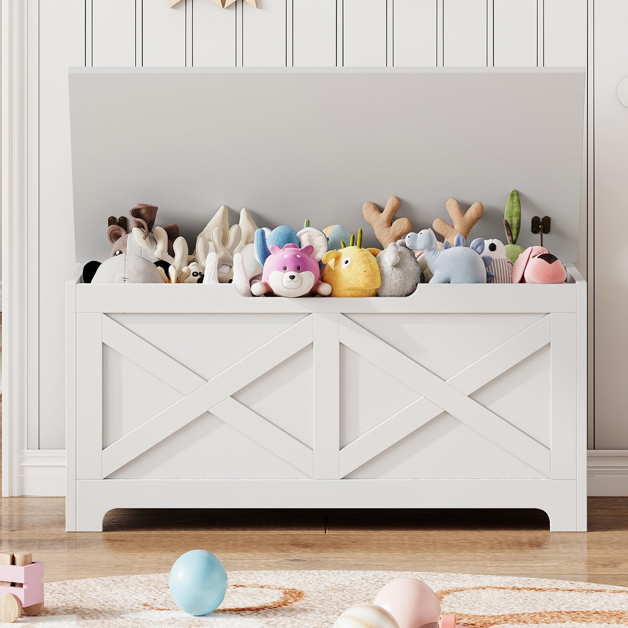 KOKEBREN 39.4"L Storage Chest, Wooden White Toy Storage Bench, Modern Style Lift-Top Toy Chest with Safety Hinge for Entryway, Bedroom, Living Room