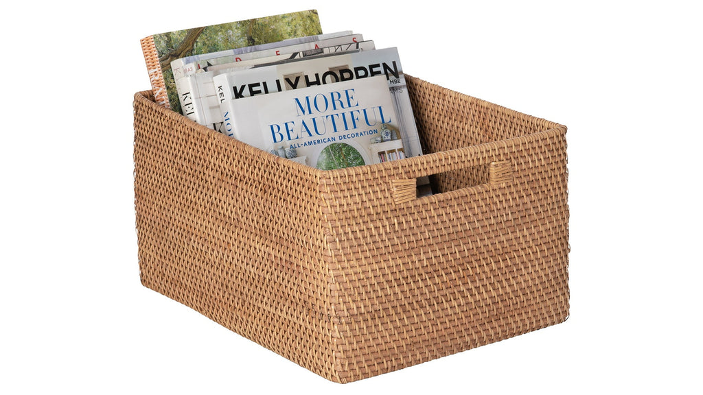 Kouboo Loma Rectangular Decorative Rattan Storage Basket With Handles, Coastal-Inspired Handwoven, Home Organization, Honey Brown