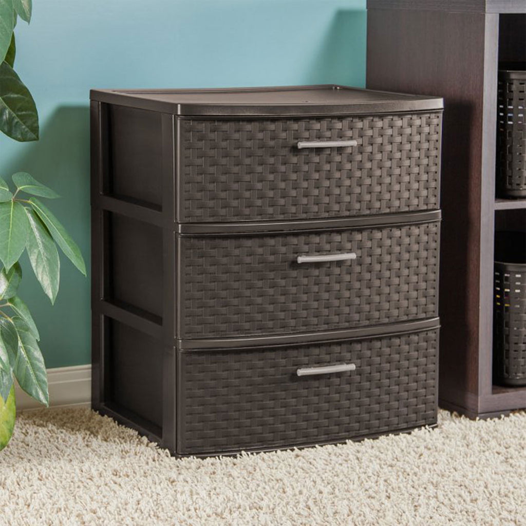 Sterilite 3 Drawer Wide Weave Tower, Plastic Décor Drawers with Pull Handles, Brown