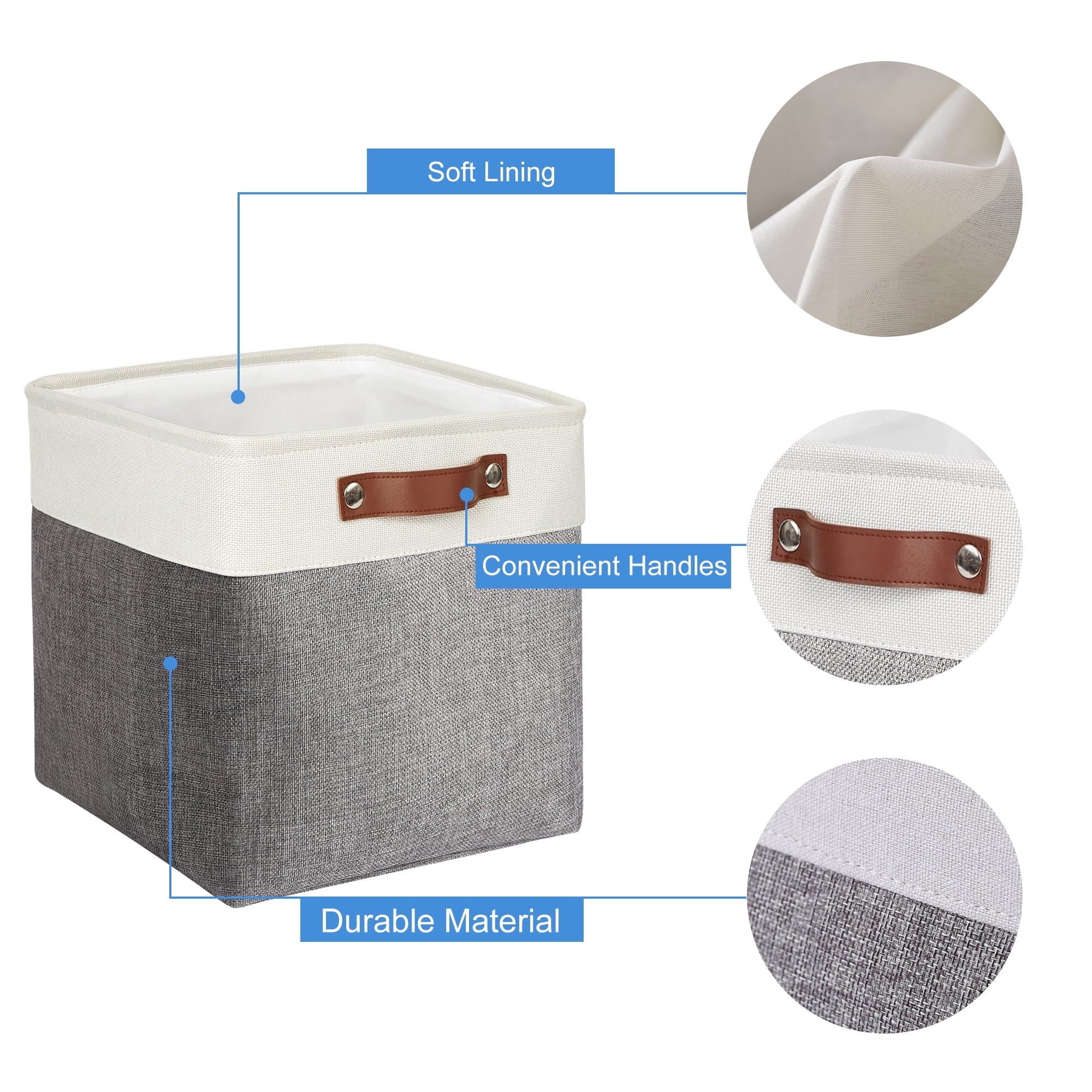 Tegance 13x13 Storage Cubes Baskets 4 Pack Fabric Cube Storage Bins Large Storage Baskets with Leather Handles,Decorative Storage Boxes for Organizing Shelves(White&Gray)