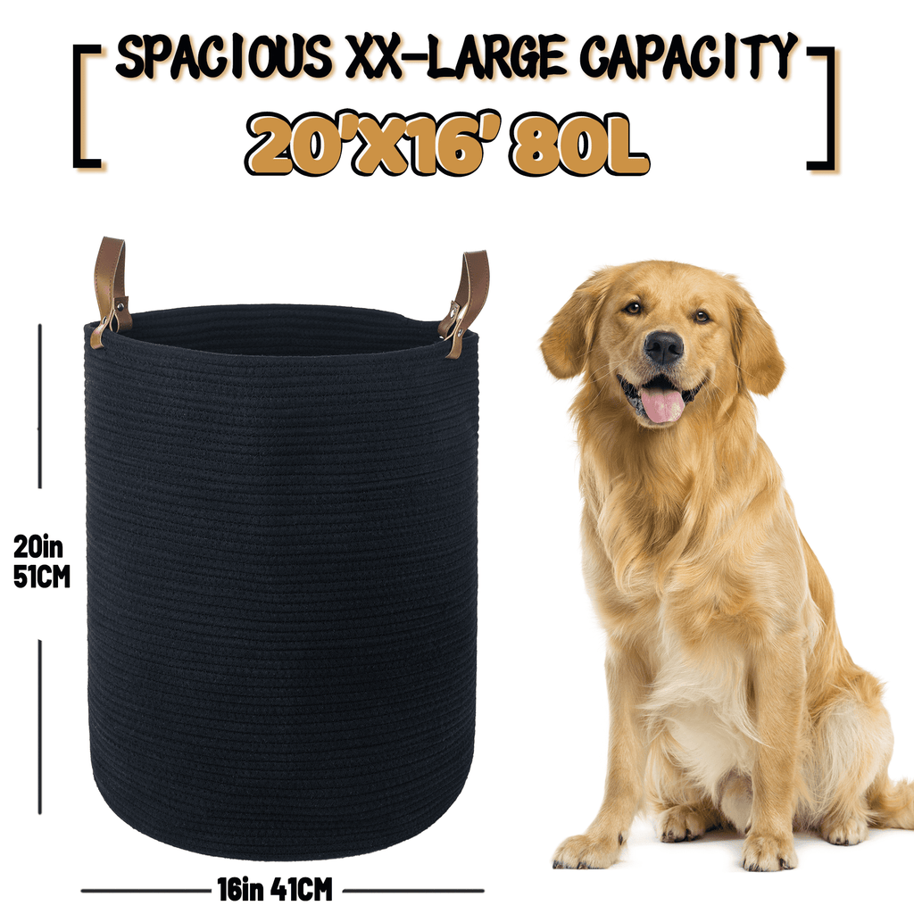 Caroeas XXXL Extra Large Rope Basket, 16''x20'' Woven Storage Basket with Leather Handles, Blanket Basket for Living Room, Tall Nursery Basket, Storage Organizer, Black