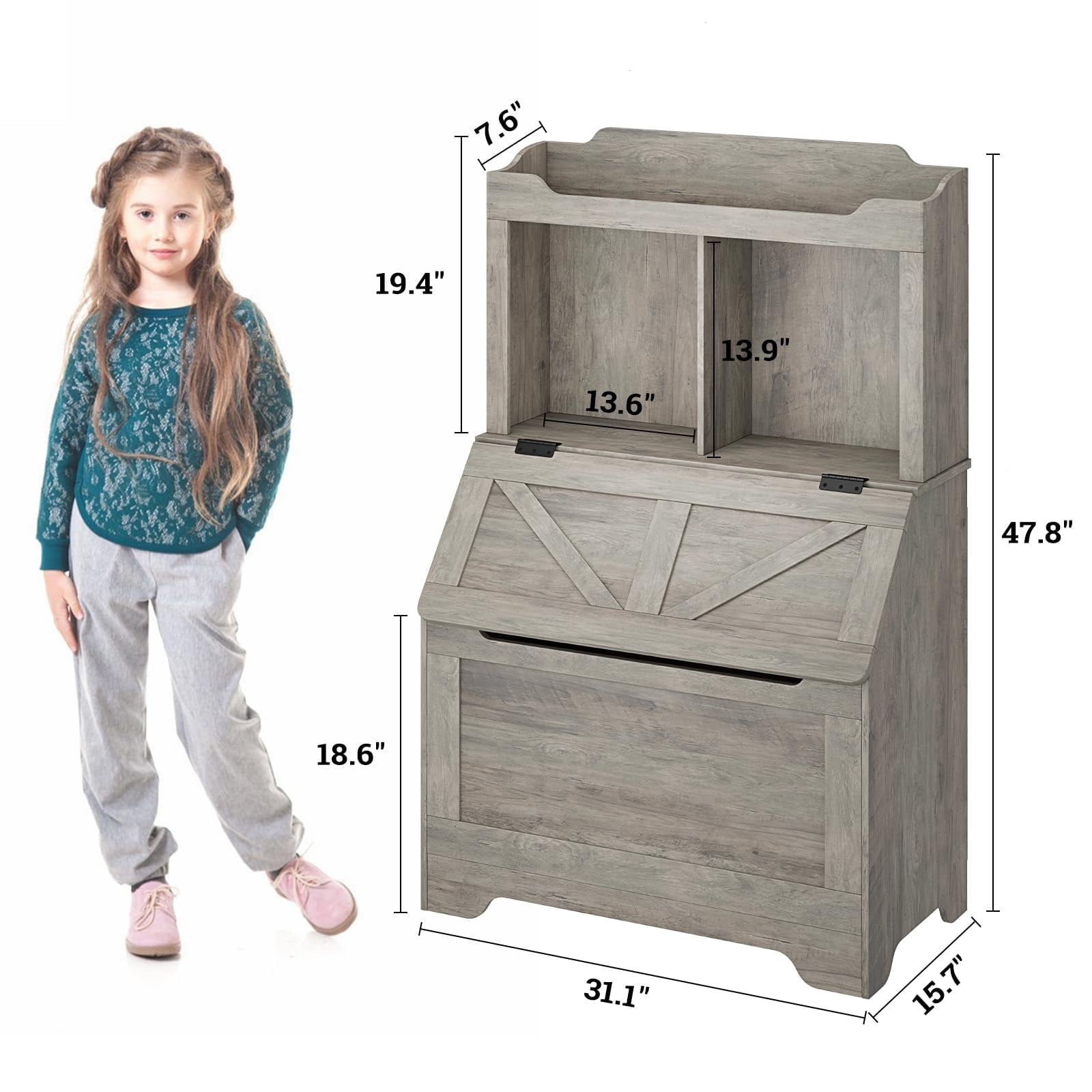 AOILE Kids Toy Organizer and Bookshelf with Flip-Top Chest, Wooden Storage Cabinet with 2-Cubby & Bookshelf
