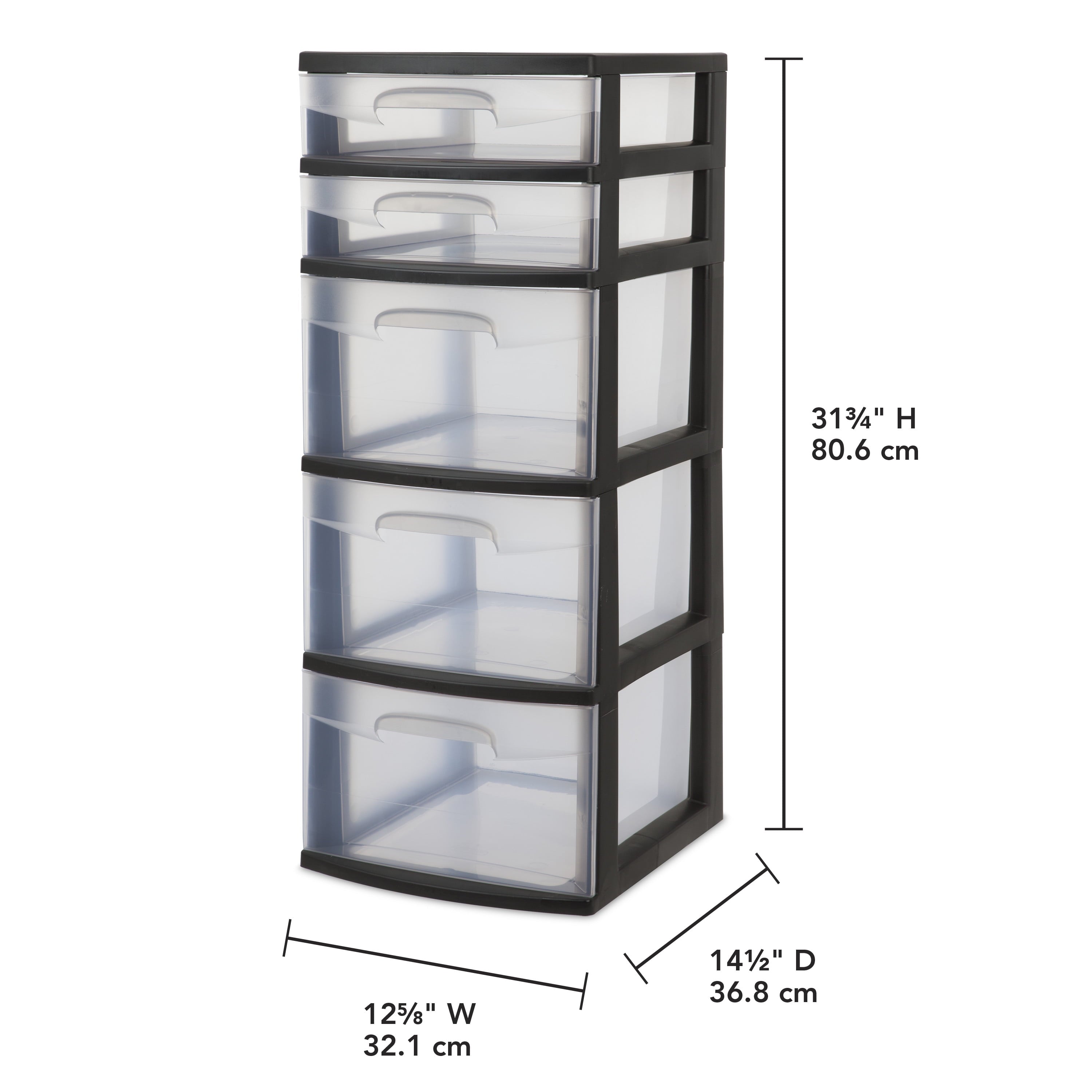 Sterilite 5 Drawer Tower, with both Shallow and Deep Clear Plastic Drawers, Black