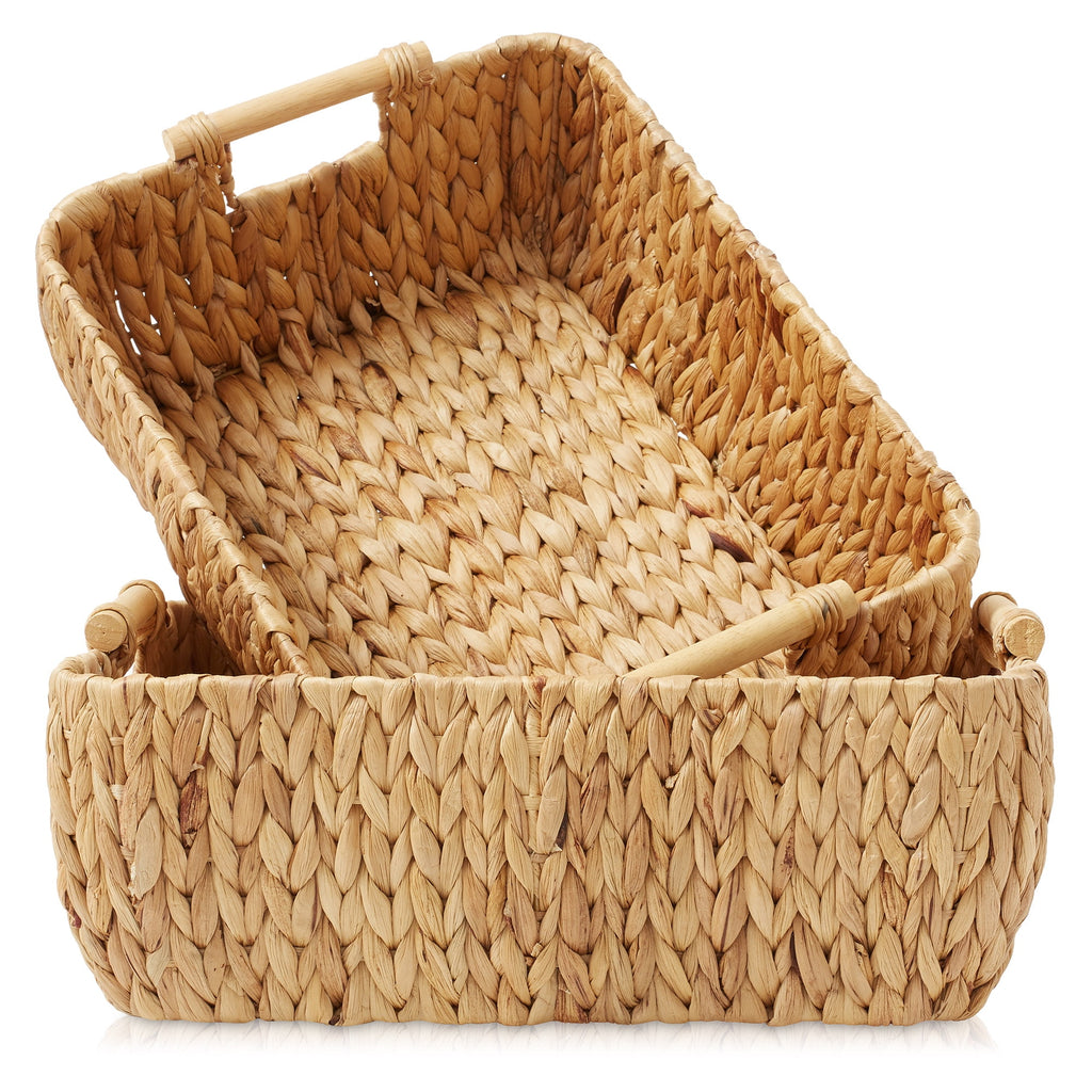 Casafield (Set of 2) Water Hyacinth Oval Storage Baskets with Wooden Handles - Large Woven Bin Organizers