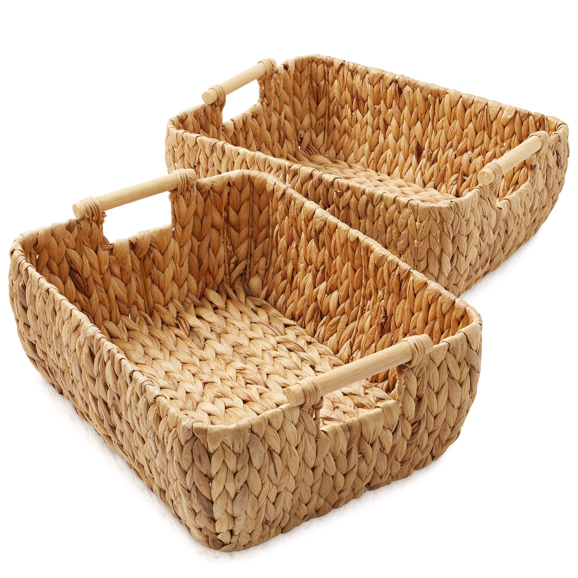 Casafield (Set of 2) Water Hyacinth Oval Storage Baskets with Wooden Handles - Large Woven Bin Organizers